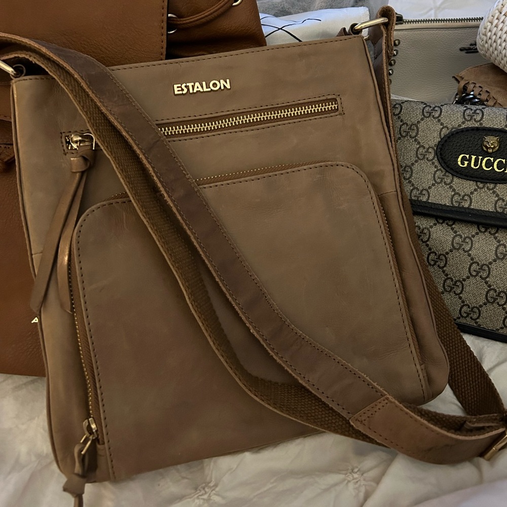 Estalon 100% Leather Roomy Crossbody Bag Lots of Pockets Adjustable Strap